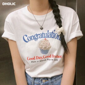 《人気再入荷》tops レディース 韓国ファッション トップス カットソー Tシャツ ラウンドネック プリント ロゴt 半袖 コットン 綿 カップケーキ かわいい カジュアル ストリート ガーリー デイリー 春 夏 SSNATU