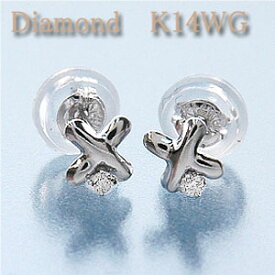 ピアス 　クロスモチーフ ダイヤモンド 約0.02ct K14WG(ホワイトゴールド 14金 k14wg)ダイヤモンドがアクセントの プチサイズでかわいいクロスデザイン【4月誕生石】【ネコポス便送料無料】