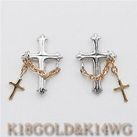 【当店人気！】地金ピアスチェーンで繋がったダブルクロスモチーフ K18Gold(ゴールド k18gold k18yg 18金) ＆K14WG(ホワイトゴールド k14wg 14金) ユニセックスでご利用頂けるデザイン♪【十字架／ハロウィン】 【男女兼用】送料無料】