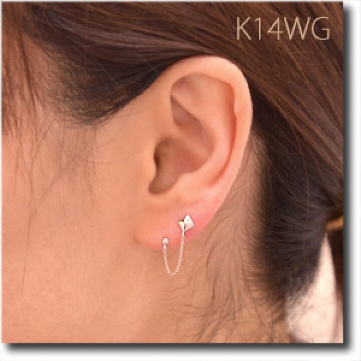 楽天市場 ツインピアス 片耳販売 スクエアモチーフ 2ホールピアス 1個で2ホール分のお得なピアス K14wg ホワイトゴールド 片耳用 シンプル カジュアル K14 14金 ネコポス便対応可 Rcp 卸直営 Watanabe