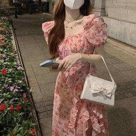 ワンピース レディース 夏 花柄 ロング フレンチスタイル スクエアネック ウエストシェイプ サイドスリット 蓮葉フリル ガーリー 軽やか 涼しい フェミニン ドレス ティータイム ソフト エレガント