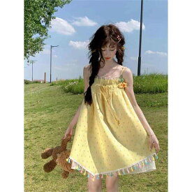 シフォン スカートきれいめ かわいい カラーの 波 点の ストラップの ワンピースの レディース 夏の 小さい 背は 年齢を 減らして ゆったりしています。