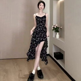 キッズ ワンピース 春夏 ブラック アシンメトリー フリル スリット 花柄 キャミソール ロングドレス 軽量 コットン混 かわいい