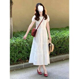 ワンピース レディース 夏 白 シフォン ポリエステル ロング丈 ウエストマーク スリム 軽量 通気性 涼しい フレンチスタイル ドレス 女性用 普段使い