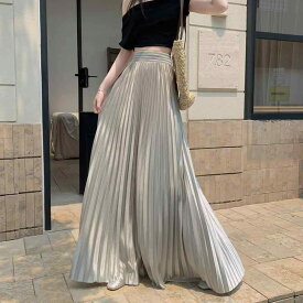 夏用 ロング プリーツ スカート ハイウエスト Aライン フレア 痩せ見え ミディ丈 半身 床引き 軽量 通勤 普段使い 女性用