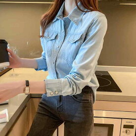 レディース 長袖 デニムシャツ トップス 韓国 レトロ ウォッシュ加工 スリム 学生用 インナー アウター 軽量 伸縮性 デニム素材 通学 普段使い
