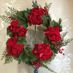 【SALE】 レッドボタニカル リース 45cm 鮮やかな真紅のアジサイのリース 真っ赤なアジサイと大きな松ぼっくりがアクセント! 華やかなテイストのリース! ハルモニア【北海道・沖縄・離