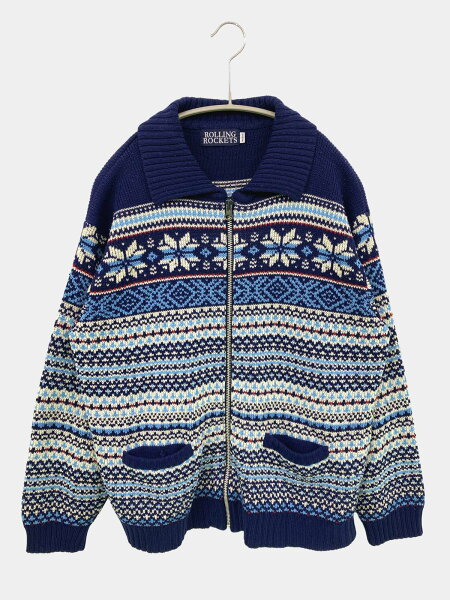 【中古】Rollina ニット/セーター MEDIUM ブルー ニット その他総柄 ミドル丈 長袖 クルーネック(丸首) レディース