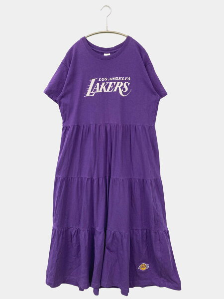 【中古】NBA エヌビーエー ワンピース パープル コットン 無地 前面プリント 半袖 ワンポイント ひざ丈 フレア レディース