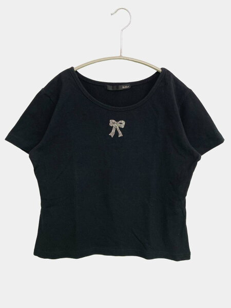 【中古】Heather ヘザー Tシャツ/カットソー F ブラック ビジュー リボン ショート丈 半袖 クルーネック(丸首) レディース