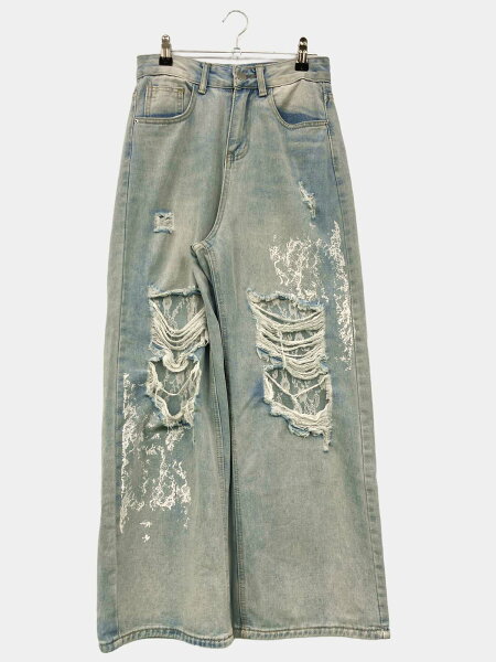 【中古】SHEENA シーナ デニムパンツ S ブルー フルレングス 無地 ワイド・ルーズ ストレート レギュラー ヴィンテージ クラッシュ・ダメージ レディース
