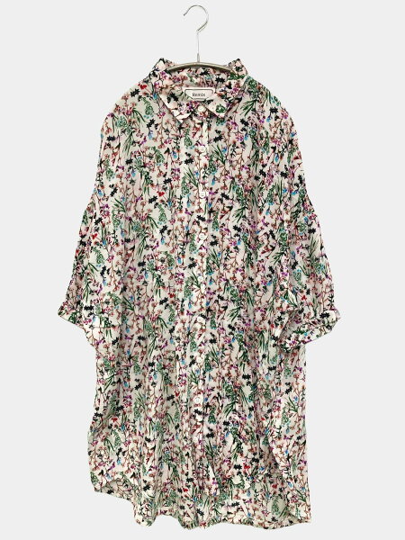 【中古】シャツワンピース 花柄・ボタニカル柄 長袖 ひざ丈 レディース