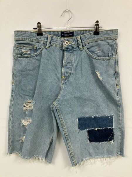 【中古】BERSHKA ベルシュカ デニムパンツ USA 31 スカイブルー ハーフ・ひざ丈 無地 スタンダード レギュラー クラッシュ・ダメージ メンズ