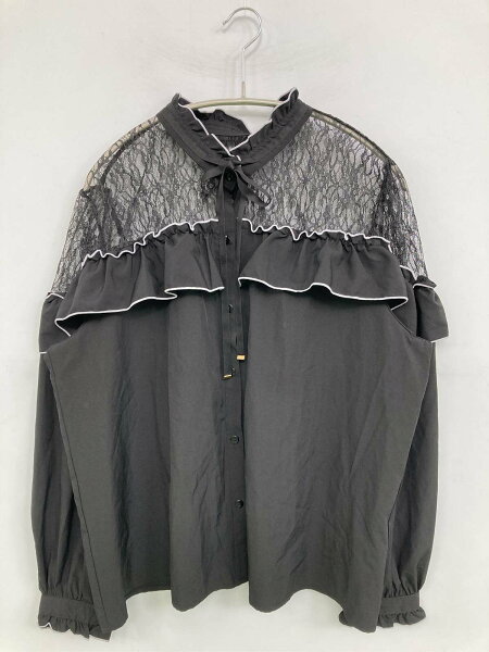【中古】majoretty シャツ/ブラウス 4L ブラック 無地 ミドル丈 長袖 スタンドカラー レース レディース