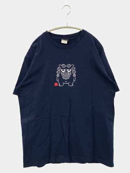 【中古】首里城公園 Tシャツ/カットソー L ネイビー 無地 ワンポイント バックプリント ミドル丈 半袖 クルーネック(丸首) メンズ