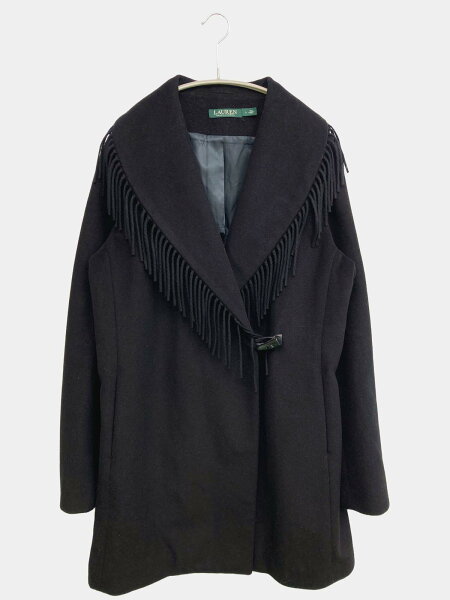 【中古】Ralph Lauren ラルフローレン アウター L ブラック 無地 フリンジ ミドル丈 フードなし レディース