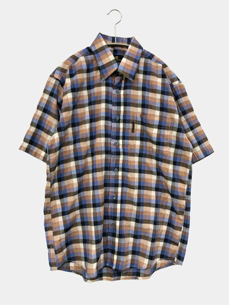 【中古】SABLINA VALENTINO シャツ/ブラウス M ブルー コットン チェック柄 ミドル丈 半袖 レギュラーカラー ワンポイント メンズ