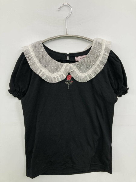 【中古】AnkRouge アンクルージュ Tシャツ/カットソー M ブラック 無地 レース フリル ショート丈 半袖 ボートネック ワンポイント レディース