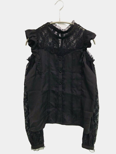【中古】MA*RS シャツ/ブラウス ブラック 無地 ミドル丈 長袖 レース ノーカラー レディース ブランド古着