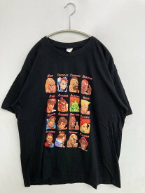 【中古】Tシャツ/カットソー L ブラック 前面プリント ミドル丈 半袖 クルーネック(丸首) メンズ レディース