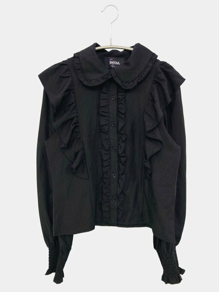 【中古】IMVAL シャツ/ブラウス ブラック 無地 フリル ショート丈 長袖 レディース