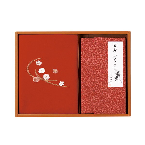  刺繍入り二巾風呂敷金封ふくさ 赤 H023 (B5)