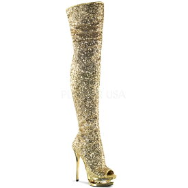 Pleaser プリーザー ニーハイブーツ サイハイブーツ 15cm ヒール 金色 ゴールド スパンコール 厚底 大きいサイズ あり レディース メンズ ハイヒール ピンヒール オープントゥ ラインストーン サイドジッパー コスプレ 衣装 靴 シューズ BLONDIE-R-3011 BL-R3011/GSQ/M 取寄