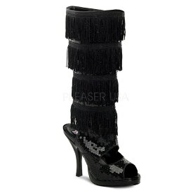 Pleaser プリーザー ブーツサンダル 7.5cm ヒール 黒 ブラック スパンコール フリンジ オープントゥ 薄厚底 サイドジッパー レディース メンズ 大きいサイズ 小さいサイズ 靴 セクシー 女装 仮装 コスプレ イベント ステージ 衣装 シューズ FLAPPER-168 FLAP168/BSQ 取寄