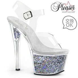 Pleaser プリーザー ヒール サンダル 厚底 18cm ヒール 銀 シルバー 透明 クリア ハイヒール クリアヒール 大きいサイズ 小さいサイズ ピンヒール ホログラフィック キラキラ アンクルストラップ 靴 レディース メンズ 18センチ ヒール SKY-308GF SKY308GF/C/SG 取寄