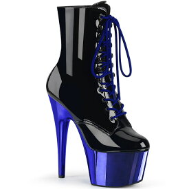Pleaser プリーザー ブーツ ショートブーツ 厚底 18cm ヒール 黒 ブラック 青 ロイヤルブルー クロム エナメル 編み上げ レースアップ ジッパー ピンヒール ポールダンス ステージ 用 レディース メンズ 大きいサイズ 対応 18センチ ヒール ADORE-1020 取寄