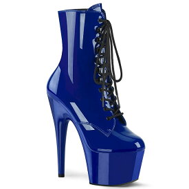 Pleaser プリーザー ブーツ ショートブーツ 厚底 18cm ヒール 青 ロイヤルブルー ブルー エナメル 編み上げ レースアップ ジッパー ピンヒール ポールダンス ステージ 用 レディース メンズ 大きいサイズ 対応 18センチ ヒール ADORE-1020 取寄