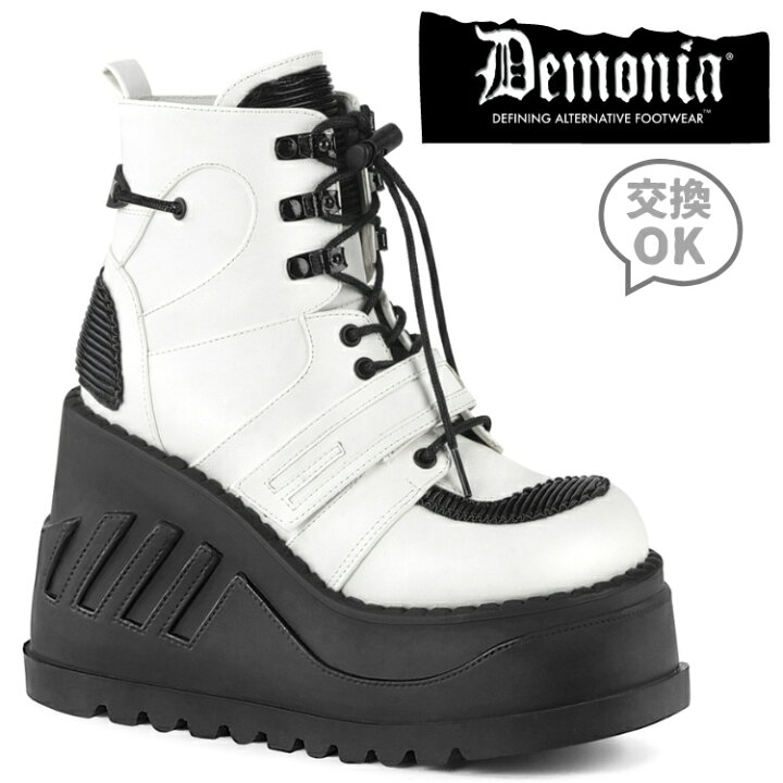 楽天市場 Demonia デモニア 厚底 ショートブーツ アンクルブーツ ブーティ レディース メンズ 12 Cm ヒール ウェッジソール ストラップ 編み上げ 白 ホワイト 黒 ブラック つや消し 履きやすい 歩きやすい 小さいサイズ 大きいサイズ ダンス シューズ 韓国 Stomp 13