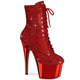 Pleaser プリーザー ショートブーツ レディース メンズ 厚底 18cm ヒール 赤 レッド ポールダンス ラインストーン 編み上げ レースアップ メタリック パーティー 靴 大きいサイズ あり 22cm 23cm 24cm 25cm 26cm 27cm 28cm 29cm 30cm ADORE-1020CHRS ADO1020CHRS/R/RCH 取寄
