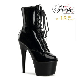 Pleaser プリーザー ショートブーツ 厚底 黒 ブラック エナメル ブーツ ハイヒール ピンヒール 編み上げ 大きいサイズ 小さいサイズ 18cm ヒール 男性 コスプレ 衣装 コスチューム コス ポールダンス 用 靴 ADORE-1020 ADO1020/B/M 即納 取寄 公式