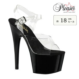 Pleaser プリーザー サンダル 厚底 18cm ヒール 透明 クリア 黒 ブラック アンクルストラップ 大きいサイズ 小さいサイズ ハイヒール ピンヒール ポールダンス 衣装 パーティー コスプレ 靴 シューズ レディース メンズ ADO708/C/B 即納 取寄 公式