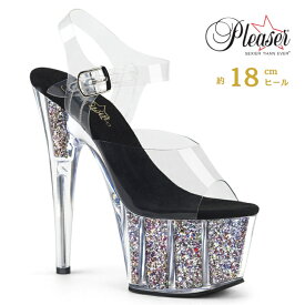 サンダル 厚底 Pleaser プリーザー 18cm ヒール 透明 クリア 銀 シルバー グリッター ラメ アンクルストラップ オープントゥ 大きいサイズ ハイヒール クリアヒール 靴 シューズ コスプレ 衣装 レディース メンズ ADORE-708CG ADO708CG/C/SG 取寄 公式