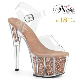 Pleaser プリーザー サンダル 厚底 18cm ヒール 透明 クリア ローズゴールド グリッター ラメ アンクルストラップ 大きいサイズ ハイヒール ピンヒール クリアヒール ダンス ステージ シューズ レディース メンズ ADORE-708G ADO708G/C/ROGLDG 即納 取寄