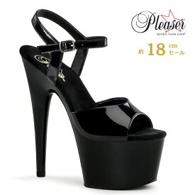 キャバ ヒール サンダル 厚底 Pleaser プリーザー 18cm ヒール ハイヒール ピンヒール 黒 ブラック エナメル アンクルベルト アンクルストラップ ポールダンス ドレス 衣装 エナメルサンダル 大きいサイズ 靴 レディース メンズ ADORE-709 ADO709/B/M 即納 取寄 公式