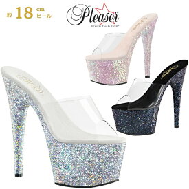 Pleaser プリーザー ヒール ミュール サンダル 厚底 18cm ヒール ハイヒール ピンヒール 透明 クリア 銀 シルバー 黒 ピンク キラキラ グリッター ラメ 大きいサイズ 対応 ポールダンス 靴 レディース メンズ シューズ ADORE-701LG 即納 取寄 公式