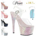 プリーザー ヒール サンダル 厚底 18cm ヒール 透明 クリア ピンク 青 ブルー 黒 ブラック シルバー グリッター ラメ アンクルストラップ 大きいサイズ 小さいサイズ ハイヒール ピンヒール 靴 女装 衣装 レディース メンズ Pleaser ADORE-708LG 即納 取寄 公式