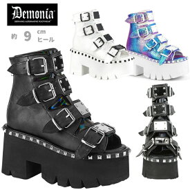 demonia デモニア 厚底 ブーツ サンダル ショートブーツ 9cm ヒール 黒 ブラック 白 パープル オープントゥ ベルト メタルプレート スタッズ ジッパー 厚底靴 小さいサイズ 大きいサイズ ライブ パンク V系 ゴシック 靴 レディース メンズ ASHES-70 即納 取寄 公式