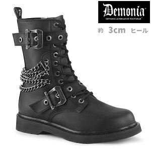 demonia デモニア ミドルブーツ ショートブーツ フラットヒール 3cm ヒール 黒 ブラック 合皮 つや消し ベルト チェーン レースアップ ジッパー 小さいサイズ 大きいサイズ コンバットブーツ パ