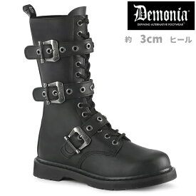 demonia デモニア ロングブーツ フラットヒール 3cm ヒール 黒 ブラック 合皮 つや消し ベルト バックル レースアップ ジッパー 小さいサイズ 大きいサイズ コンバットブーツ パンク ゴシック 原宿系 靴 レディース メンズ ユニセックス BOLT-330 BOLT330/BVL 即納 取寄 公式
