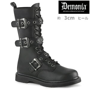 demonia デモニア ロングブーツ フラットヒール 3cm ヒール 黒 ブラック 合皮 つや消し ベルト バックル レースアップ ジッパー 小さいサイズ 大きいサイズ コンバットブーツ パンク ゴシック