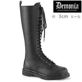 demonia デモニア ロングブーツ フラットヒール 3cm ヒール 黒 ブラック つや消し 編み上げ レースアップ ジッパー 小さいサイズ 大きいサイズ コンバットブーツ ロック パンク ゴシック 原宿系 靴 レディース メンズ ユニセックス BOLT-400 BOLT400/BVL 即納 取寄 公式