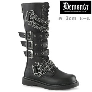 demonia デモニア ロングブーツ フラットヒール 3cm ヒール 黒 ブラック つや消し ベルト チェーン レースアップ ジッパー 小さいサイズ 大きいサイズ コンバットブーツ パンク ゴシック 原宿系