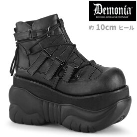 demonia デモニア 厚底 スニーカー ダッドスニーカー ショートブーツ 10cm ヒール 黒 ブラック フェイクレザー サイドストラップ 厚底靴 ハイカット スニーカー 大きいサイズ パンク ゴシック ゴスロリ ライブ 用 靴 シューズ メンズ ユニセックス BOX13/BVL 即納 取寄 公式