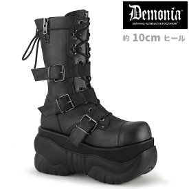 demonia デモニア 厚底ブーツ ミドルブーツ ショートブーツ 厚底 10cm ヒール 黒 ブラック 合皮 つや消し ベルト バックル レースアップ ジッパー 小さいサイズ 大きいサイズ パンク ゴシック ライブ 用 靴 シューズ レディース メンズ BOXER-230 BOX230/BVL 即納 取寄 公式