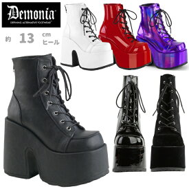 demonia デモニア 厚底 ブーツ ショートブーツ 厚底 13cm ヒール 黒 白 赤 紫 つや消し エナメル 編み上げ レースアップ ジッパー 大きいサイズ チャンキーヒール 厚底靴 ロック パンク ゴスロリ ファッション V系 衣装 靴 レディース メンズ CAMEL-203 即納 取寄 公式