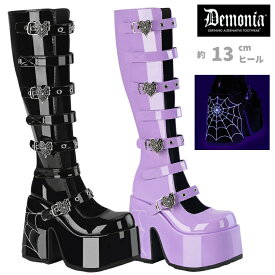 demonia デモニア ロングブーツ 厚底 ブーツ 13cm ヒール 黒 紫 パープル エナメル ベルト ジッパー 大きいサイズ 厚底靴 フロント オープン ステッチ ゴスロリ 靴 ロック ライブ フェス 用 シューズ レディース メンズ CAMEL-223 取寄 公式